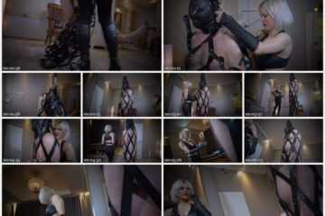 Baroness femdombondage Tortured in the leather strap bondage cage